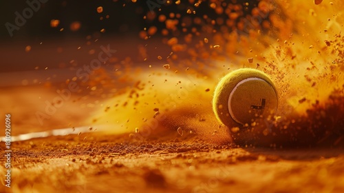 Obraz na płótnie Manga style, close up on a tennis ball bouncing on the clay of roland garros, ocher powder and particles, graphical design, generated with AI w salonie