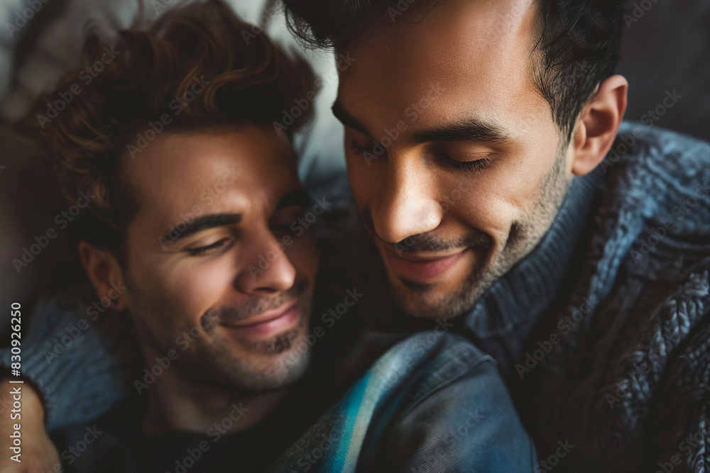 AI generated image of a happy beautiful lgbt couple handsome men spending time at home together AI generated image of a happy beautiful lgbt couple handsome men spending time at home together