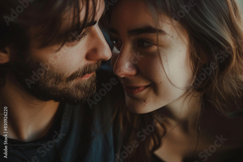 AI generated image of a happy beautiful cute young couple enjoying spending time at home together