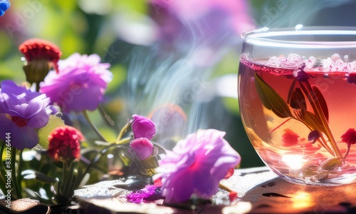 Tranquil scene of hot tea being poured into a cup surrounded by colorful wildflowers.