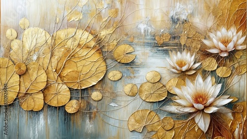 Abstract painting Golden Pond with Beautiful Waterlilies, gold leafing, ethereal textures, minimalist, gold and silver filaments, encaustic photo