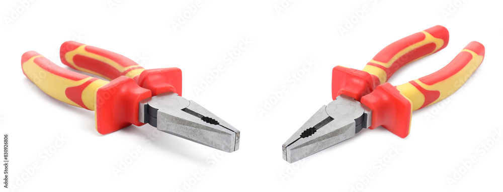 Pliers isolated on white, collage. Construction tool Pliers isolated on white, collage. Construction tool