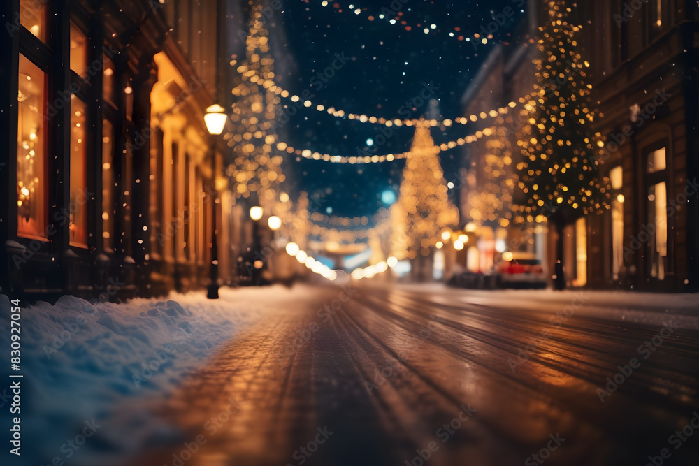 A mesmerizing scene captures the festive ambiance of a snowfall-laden city street, adorned with twinkling Christmas lights and bustling shoppers in the background.