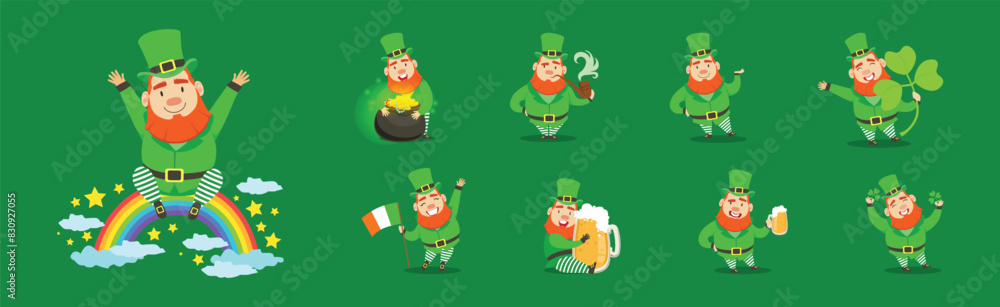 Green Leprechaun Character in Hat with Buckle Vector Set Green Leprechaun Character in Hat with Buckle Vector Set