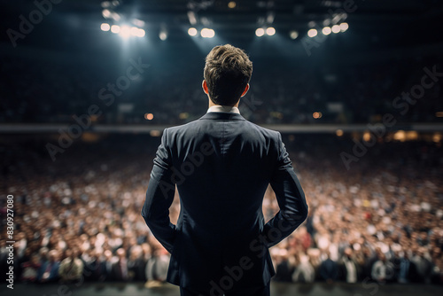 Generative AI illustration motivational speaker with microphone in hand in front of audience at conference room
