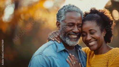 A senior couple of older people are hugging and smiling