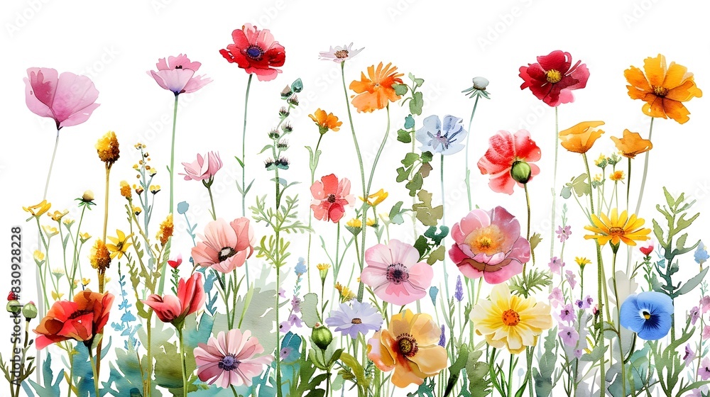 Fototapeta premium Vibrant Floral Meadow with Diverse Blooming Plants and Flowers in Idyllic Natural Setting