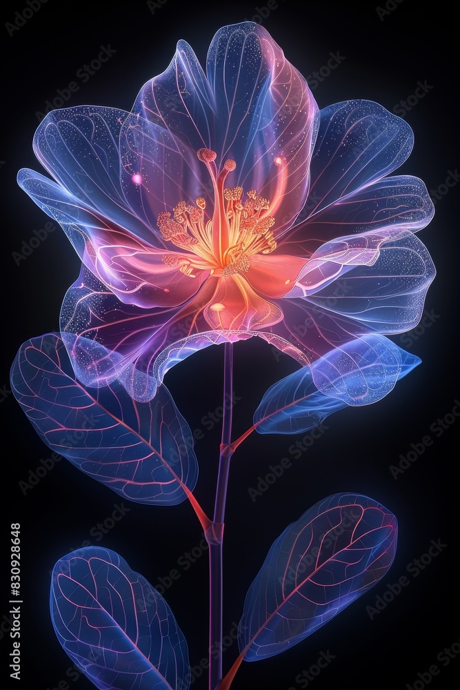Purple Flower With Leaves on Black Background Purple Flower With Leaves on Black Background
