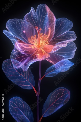 Purple Flower With Leaves on Black Background