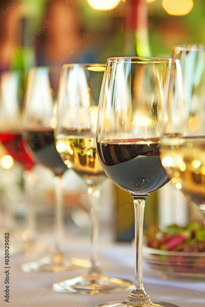 Several glasses of champagne and red wine stand on the table Several glasses of champagne and red wine stand on the table