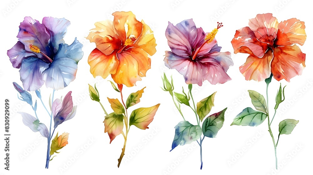 Vibrant Tropical Floral Bouquet of Exotic Hibiscus Flowers in Watercolor Style Painting