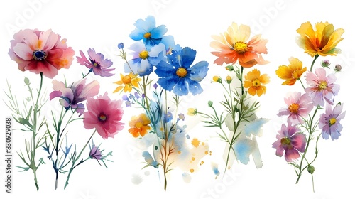 Wallpaper Mural Vibrant Summer Watercolor Flower Motifs on White Background Torontodigital.ca