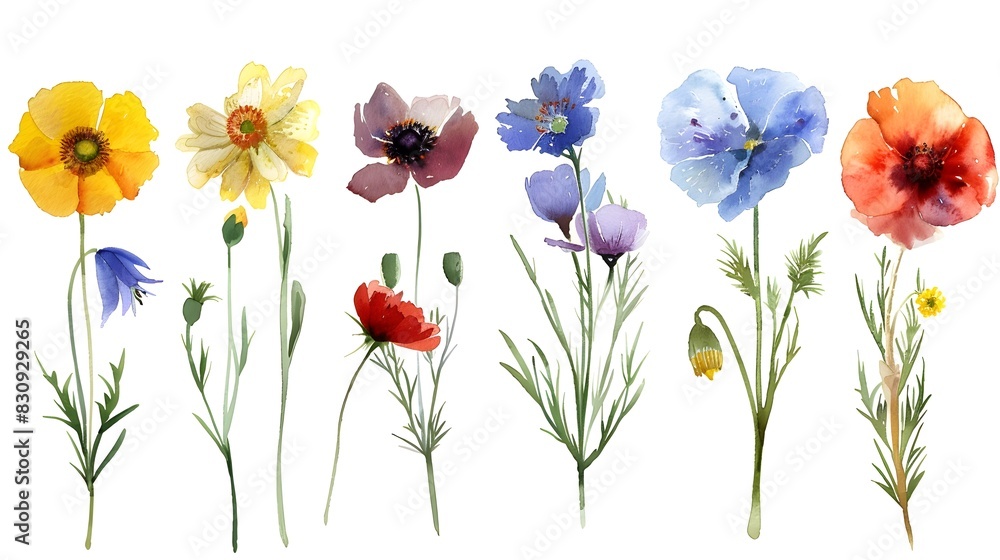 Vibrant Watercolor Bouquet of Blooming Wildflowers and Botanical Artwork Vibrant Watercolor Bouquet of Blooming Wildflowers and Botanical Artwork