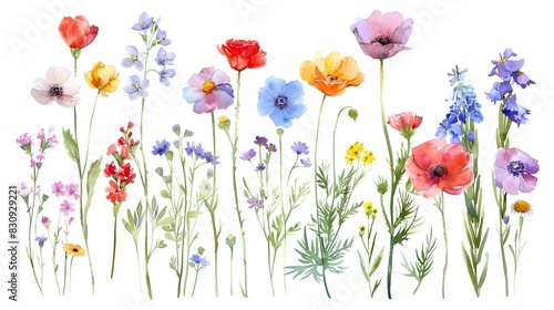 Vibrant Watercolor Botanical Garden Floral Composition with Variety of Colorful Blooming Flowers