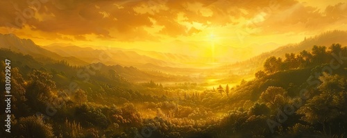 A serene landscape painting, executed in the classical realism tradition, depicting a golden sunset over a lush, verdant valley photo