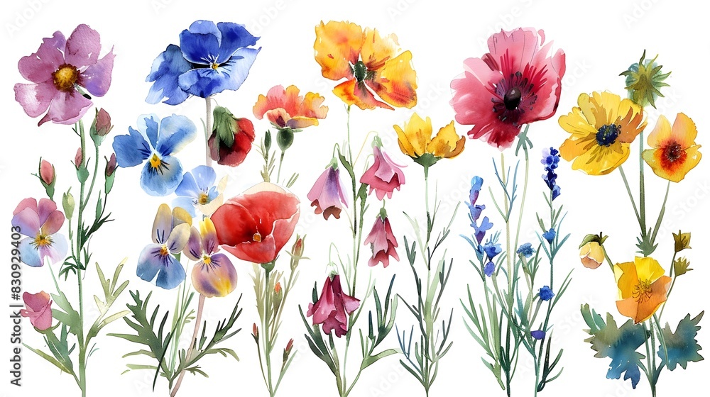 Fototapeta premium Vibrant Watercolor Floral Arrangement Featuring Blooming Flowers in a Lush Garden Setting