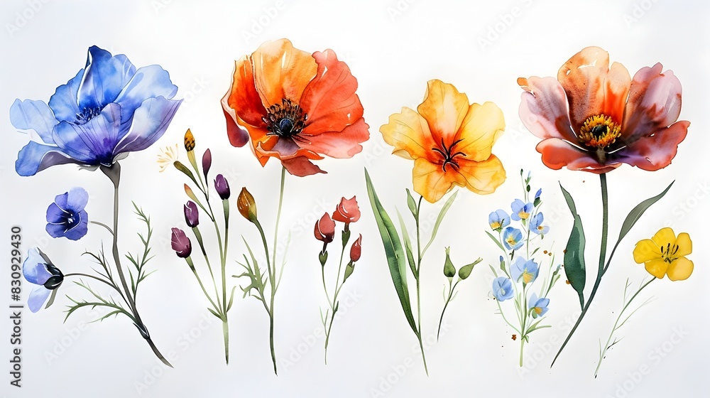 Fototapeta premium Vibrant Watercolor Floral Arrangement of Colorful Blossoming Flowers in Springtime Garden Setting
