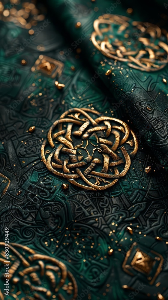 A series of Celtic triskeles and triquetras, each uniquely decorated with tiny knots and lines, set against a deep black background A series of Celtic triskeles and triquetras, each uniquely decorated with tiny knots and lines, set against a deep black background