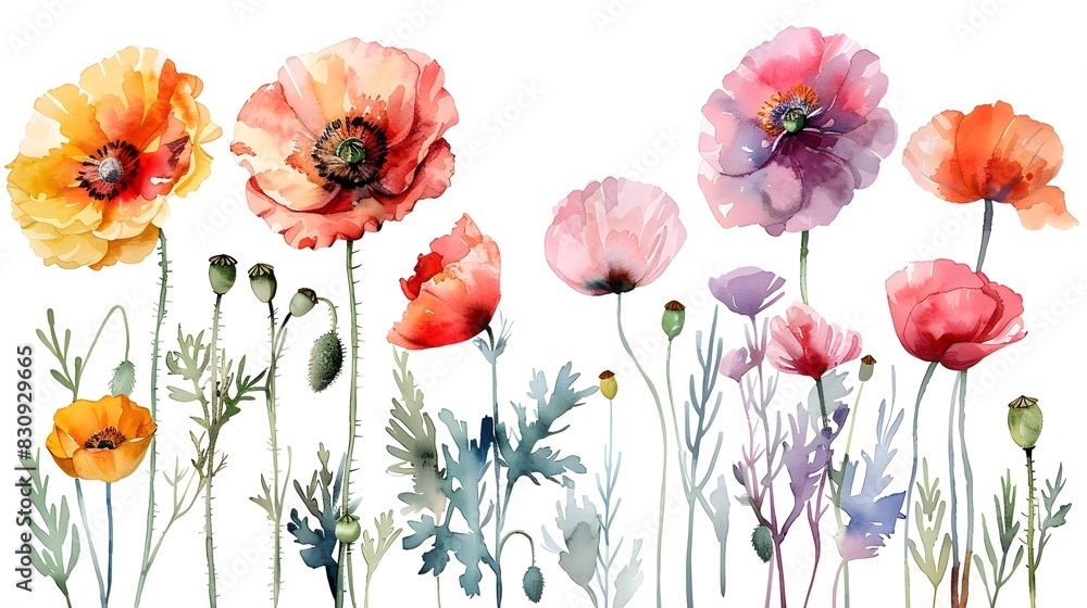 Fototapeta premium Vibrant Watercolor Floral Arrangement with Poppies and Blossoms