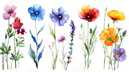 Vibrant Watercolor Floral Arrangement with Variety of Colorful Blooming Wildflowers and Plants