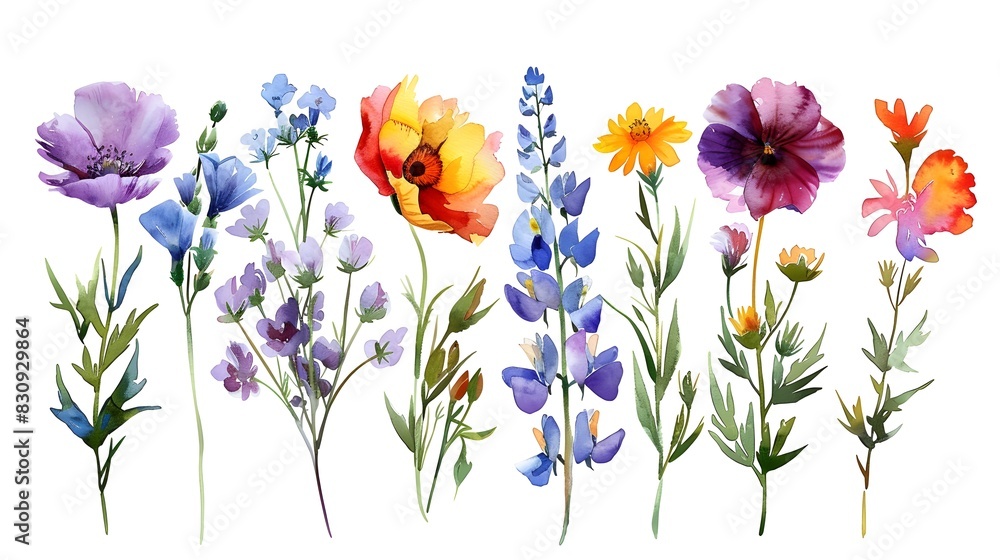 Obraz premium Vibrant Watercolor Floral Bouquet of Blooming Wildflowers in Meadow