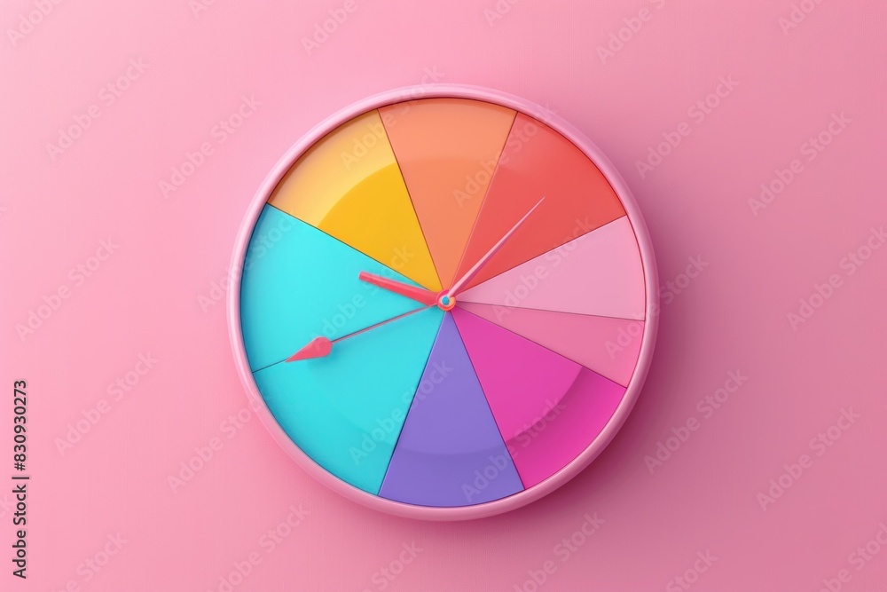 Obraz premium Colorful clock on pink background with arrow pointing to center of circle for business and fashion themes