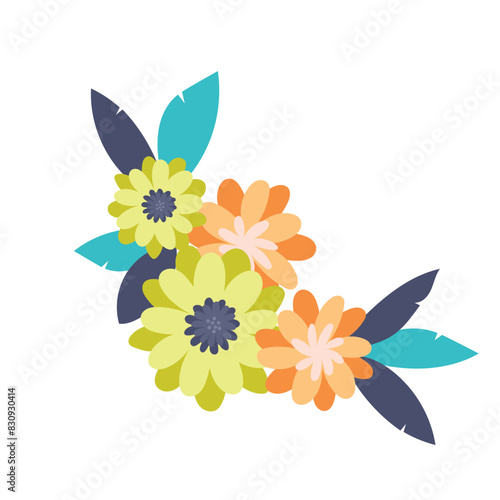 Floral decoration. Botanic arrangements with colorful flowers, leaf, branch. Flower elements for wedding, greeting card or logo composition design.