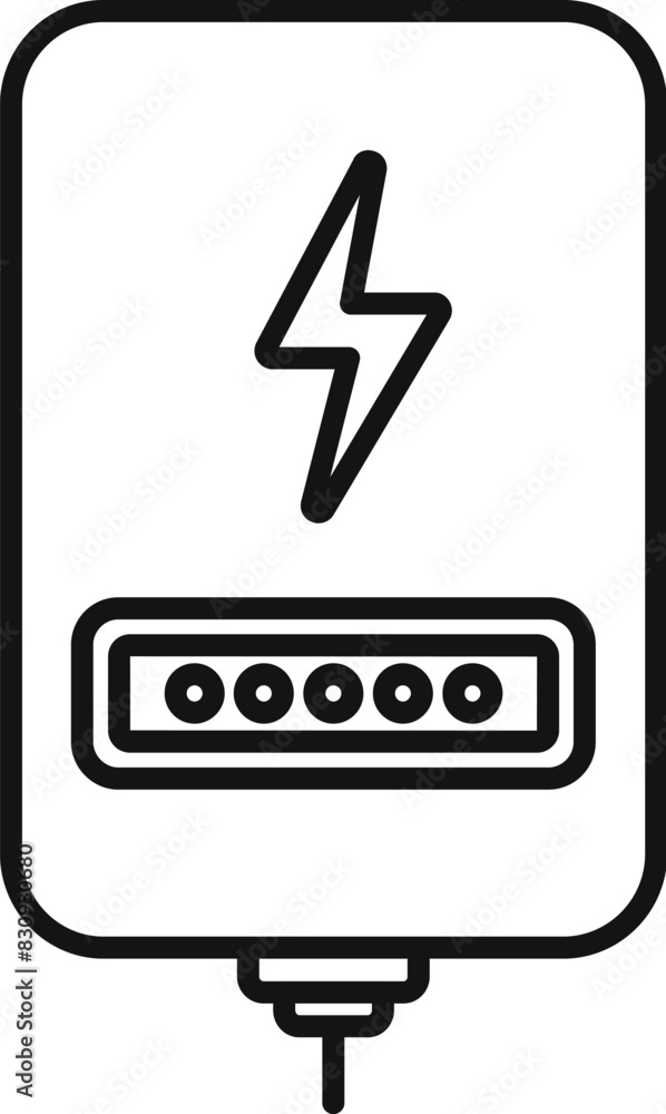 Simplified black and white line drawing of a portable power bank with a lightning bolt symbol Simplified black and white line drawing of a portable power bank with a lightning bolt symbol