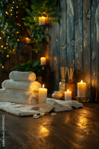 Tranquil Spa Ambiance: Candlelit Serenity with Towels and Tools