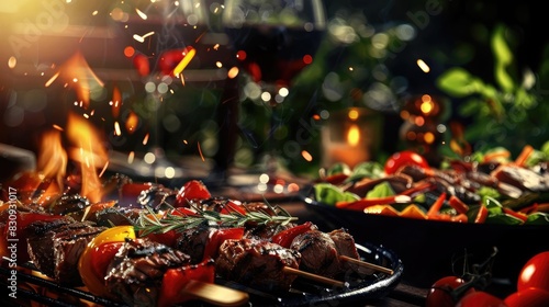 Delicious grilled skewers with fresh vegetables sizzling over an open flame, perfect for a summer barbecue or outdoor gathering. photo