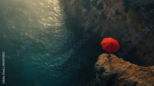 A man is jumping off a cliff with an umbrella in his hand photo