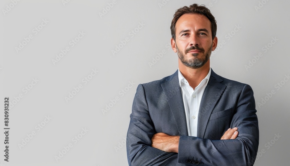 A businessman in a sleek suit standing confidently with ample text space on a minimalist white background. A businessman in a sleek suit standing confidently with ample text space on a minimalist white background.