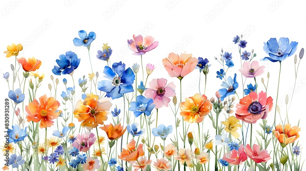 Vibrant Watercolor Painting of Diverse Summer Flowers on Pristine White Background