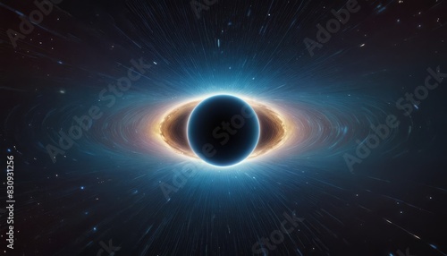 A mesmerizing black hole surrounded by a luminous accretion disk  set against a backdrop of distant stars in deep space.