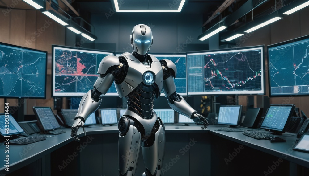 A sleek silver robot stands in a high-tech command center filled with screens showing global security data.