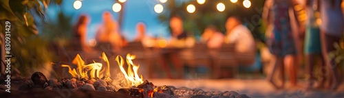Outdoor evening gathering around a fire pit with friends enjoying food and drinks under string lights, blurred background of people and table.