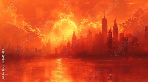 Fiery sunset over a city skyline with a large, red sun.