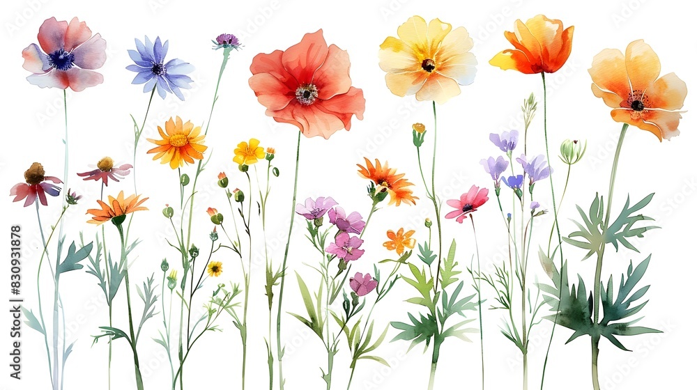 Fototapeta premium Vibrant Watercolor Painting of Whimsical Summer Flowers Blooming on a Pristine White Background