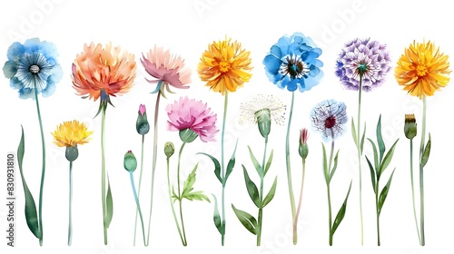 Vibrant Watercolor Painting of Various Summer Flowers on Isolated White Background © prasong.