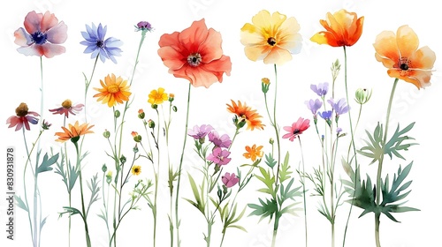 Vibrant Watercolor Painting of Whimsical Summer Flowers Blooming on a Pristine White Background