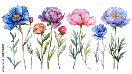 Vibrant Watercolor Paintings of Blooming Summer Flowers on White Background