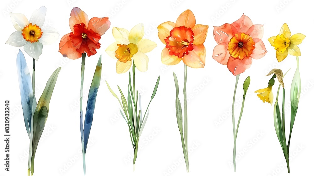 Fototapeta premium Vibrant Watercolor Paintings of Diverse Summer Flowers in Bloom on White Background