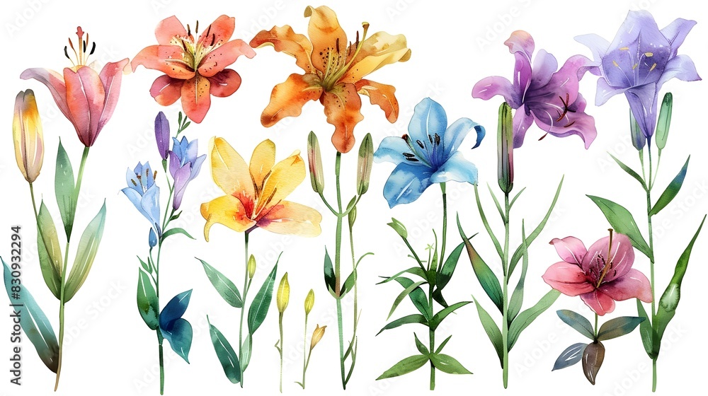 Vibrant Watercolor Paintings of Diverse Summer Flowers on White Background