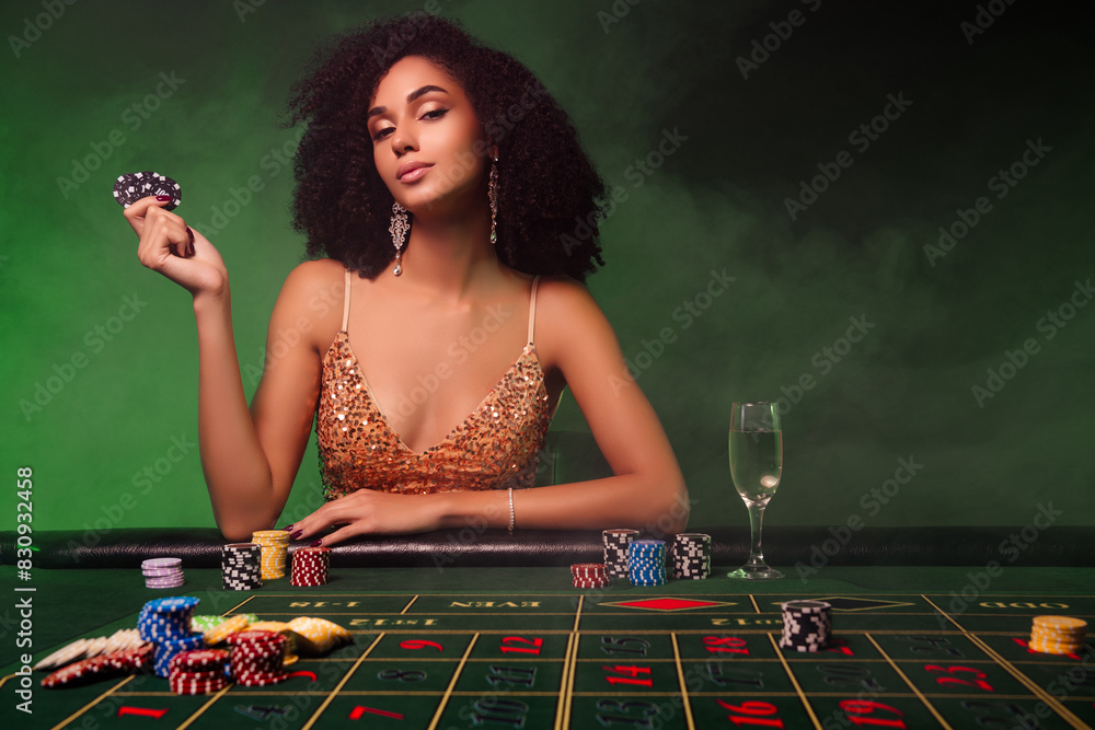Photo of chic passionate lady have private party in neon filter poker club risk bet money for lucky fortune winning Photo of chic passionate lady have private party in neon filter poker club risk bet money for lucky fortune winning