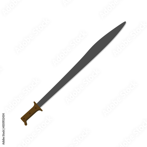 colima machete flat design illustration isolated on white background. Melee weapon of hunter in jungle. Hatchet or machete handle ancient tool for woodcutting and cutting branches by hand.