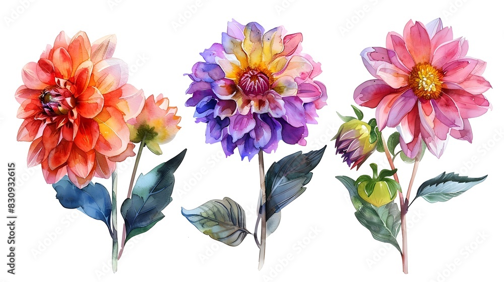 Vibrant Watercolor Paintings of Lush Summer Dahlia Flowers on White Background