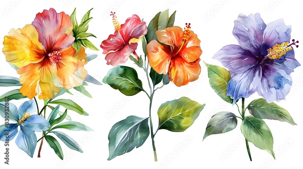 Vibrant Watercolor Paintings of Lush Tropical Blooms on Isolated White Background