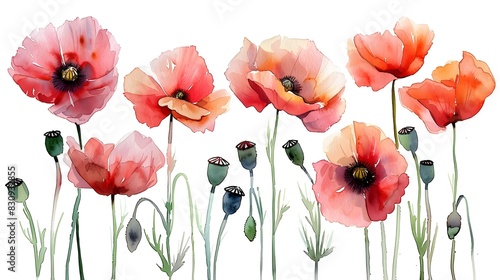 Vibrant Watercolor Paintings of Red and Peach Poppies on a White Background