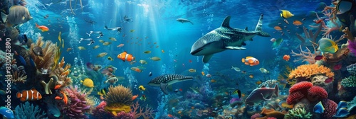 Animals of the underwater sea world. Ecosystem. Colorful tropical fish. Life in the coral reef © Yeivaz