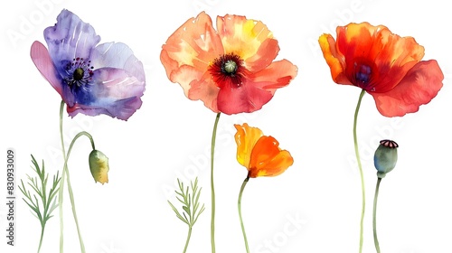 Vibrant Watercolor Paintings of Summer Flowers in Bloom on White Background